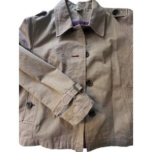 Tan Micro Stripe cropped trench Jacket lined Epaulettes L pockets collar urban